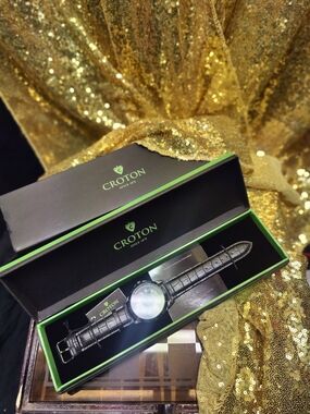 Croton Classic Black Leather Watch with Silver Case